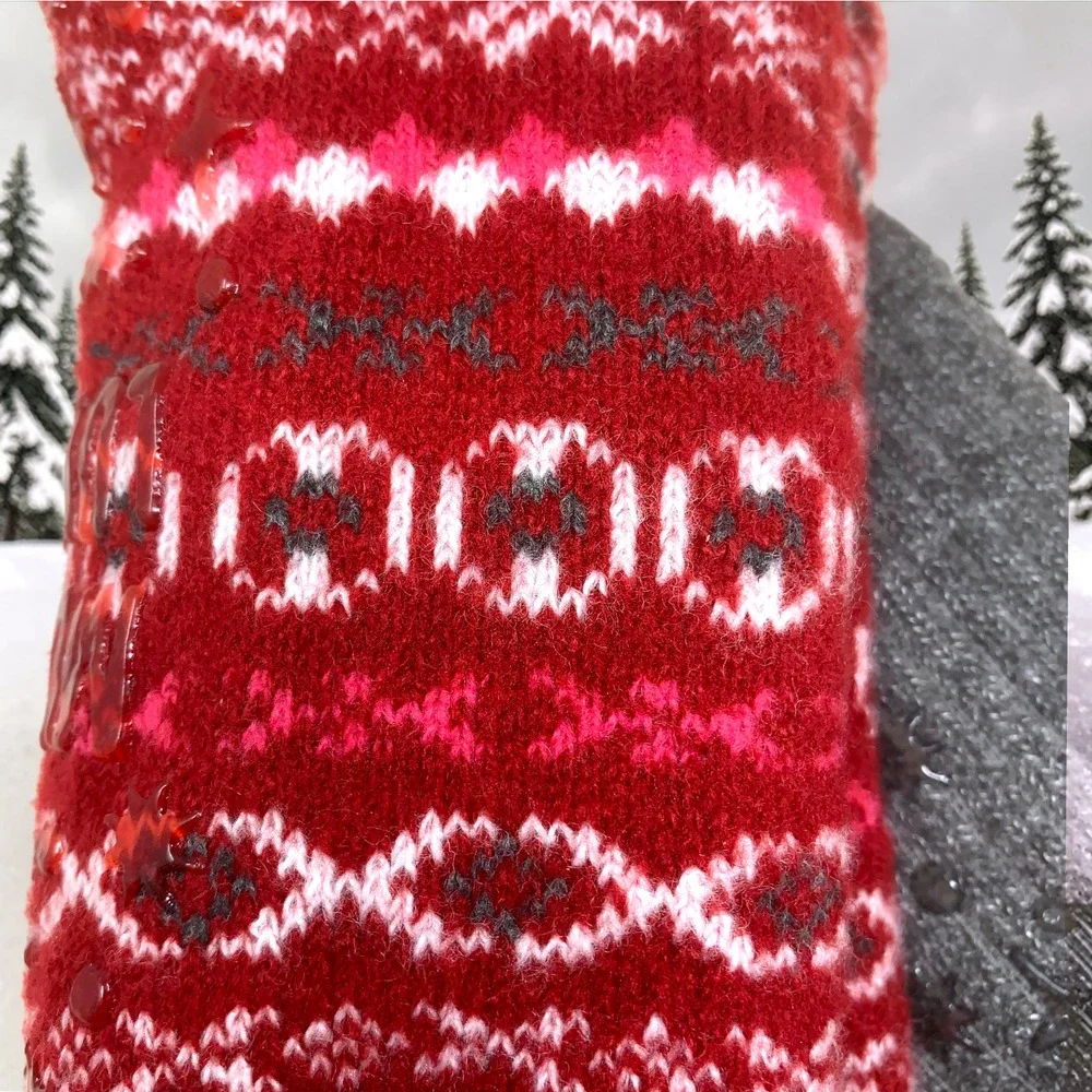 NEW MUK LUKS Cabin Socks Fair Isle Red Gray Non Skid Women's Sz 6-10 NWT